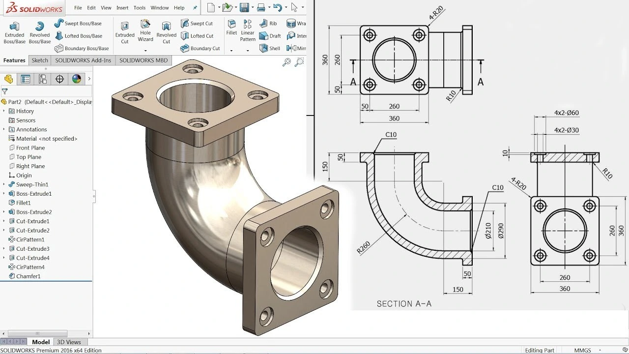 Detailed engineering drawings with GD&T standards and part specifications